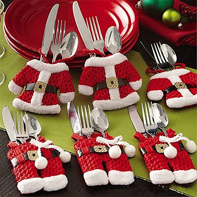 Uten 6x Christmas Cutlery Silverware Holders Pockets Knifes Forks Bag Santa Suit Xmas Party Dinner Table Decoration